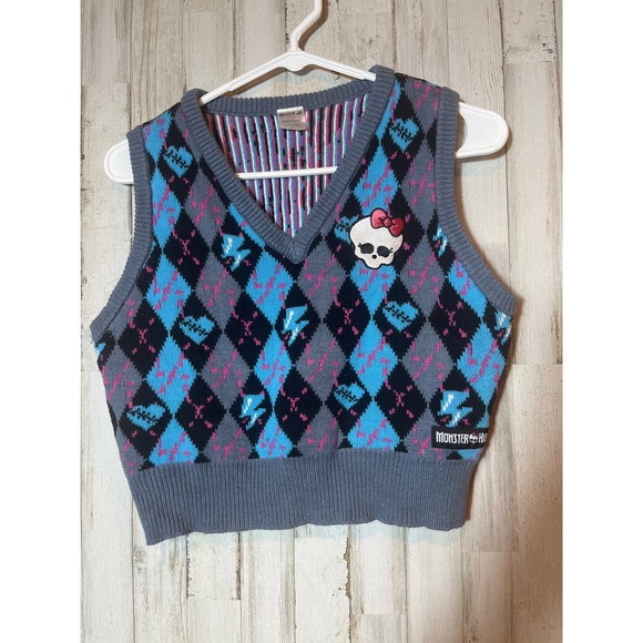 Monster High V Neck Sweater Vest Argyle Preppy Style Size Large - Picture 1 of 3
